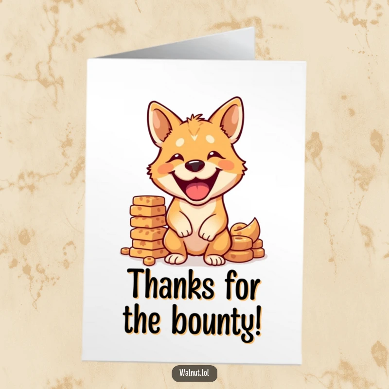 Funny Free Printable Thank You Card: A goofy dog with a wide grin meticulously balances a tall stack of delicious looking treats.
