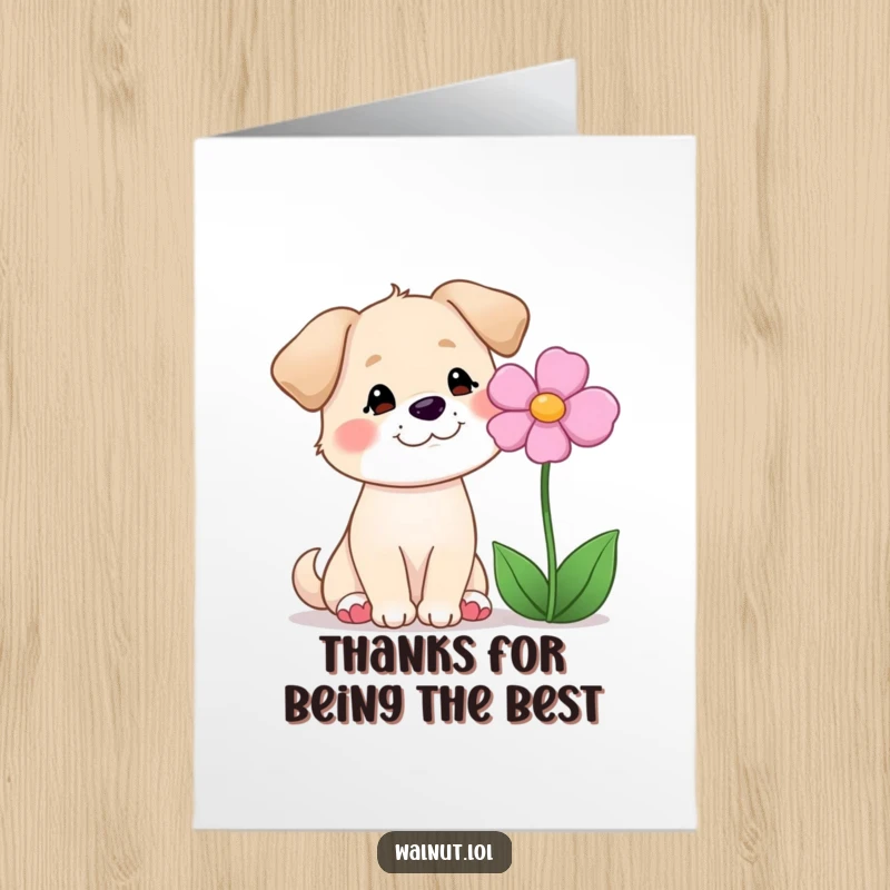 Funny Free Printable Thank You Card: Dog with a peaceful smile looking at a flower, conveying sincere thanks for a thoughtful gesture.
