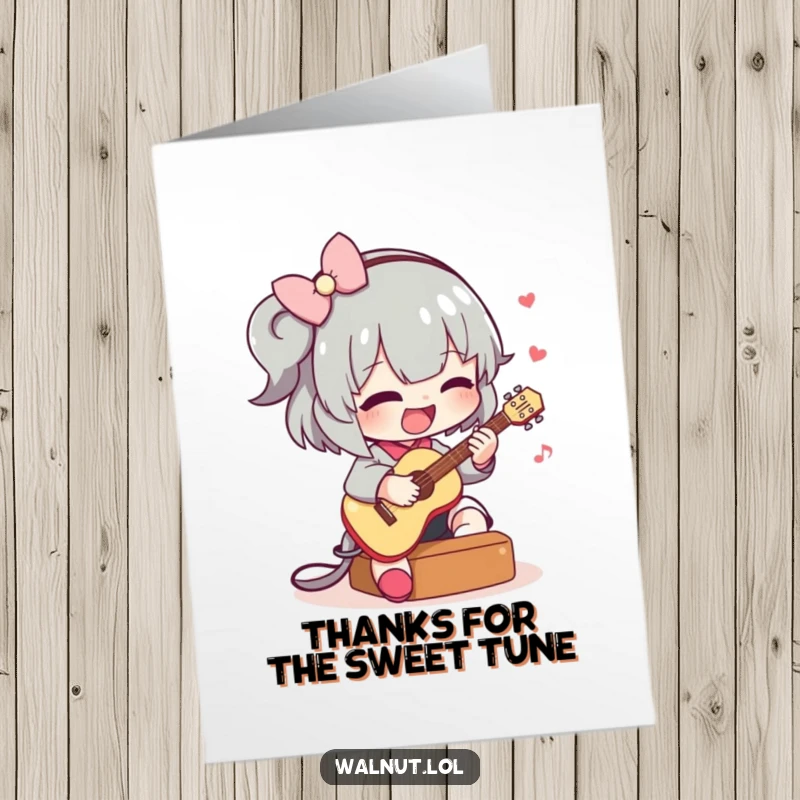 Funny Free Printable Thank You Card: A cheerful character playing a small guitar, expressing thanks with a musical flourish.