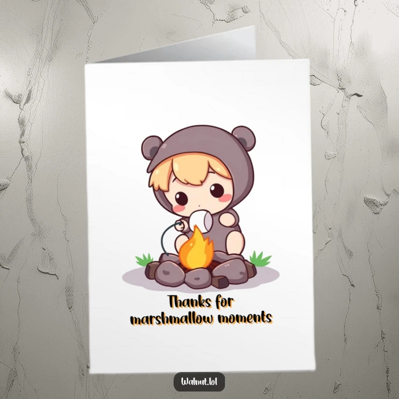Funny Free Printable Thank You Card of a character roasting a marshmallow over a tiny campfire, offering warm thanks.