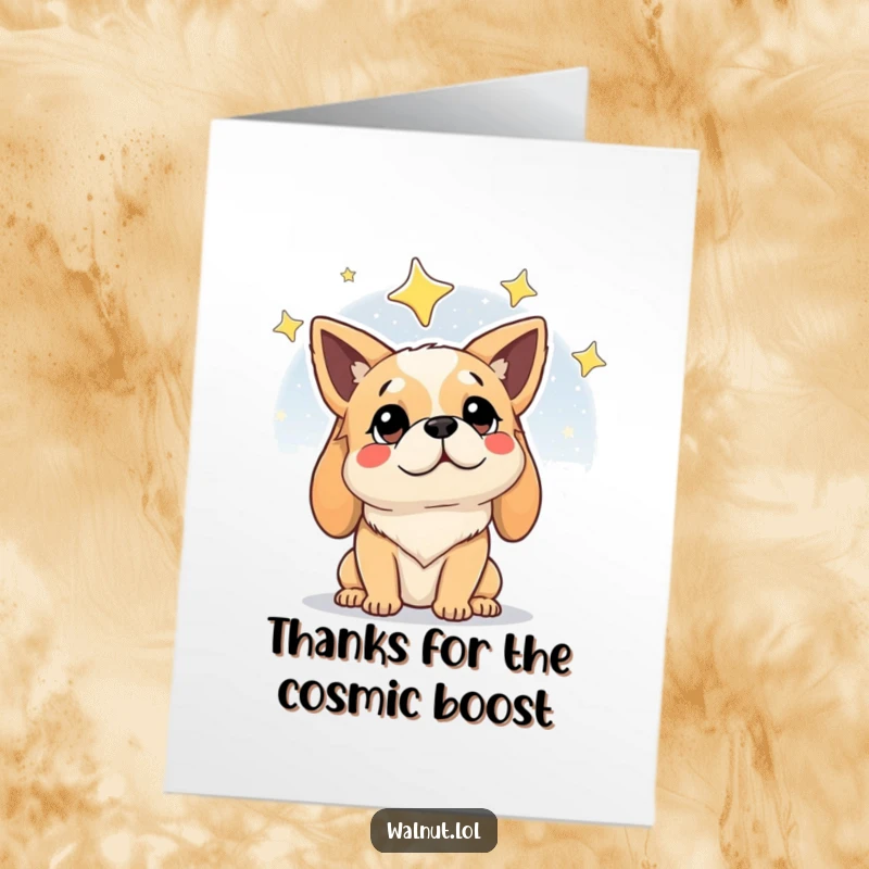 Funny free printable thank you card depicting a dog looking up at the stars with a wise, contemplative gaze.