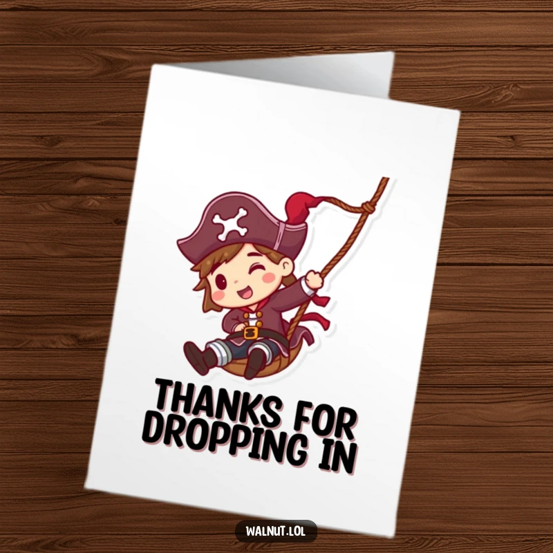 Funny Free Printable pirate sliding down a rope, conveying thanks with speed and fun.