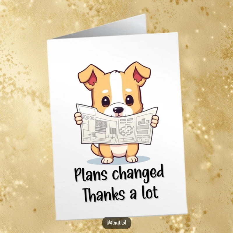 Funny Free Printable Thank You Card: A dog thoughtfully holds a complex blueprint, showing gratitude for a grand scheme.