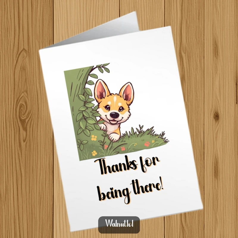 Funny Free Printable Thank You Card: A dog's head curiously emerges from behind a bush, observing with a hint of mischief.