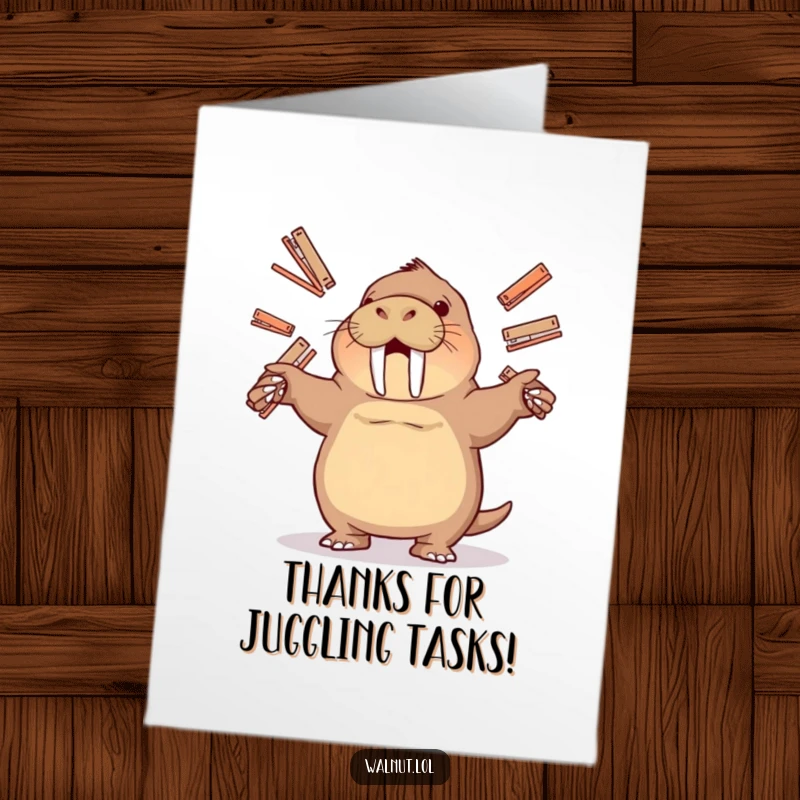 Funny Free Printable Thank You Card featuring a walrus juggling office staplers, adding a humorous touch to your thanks.