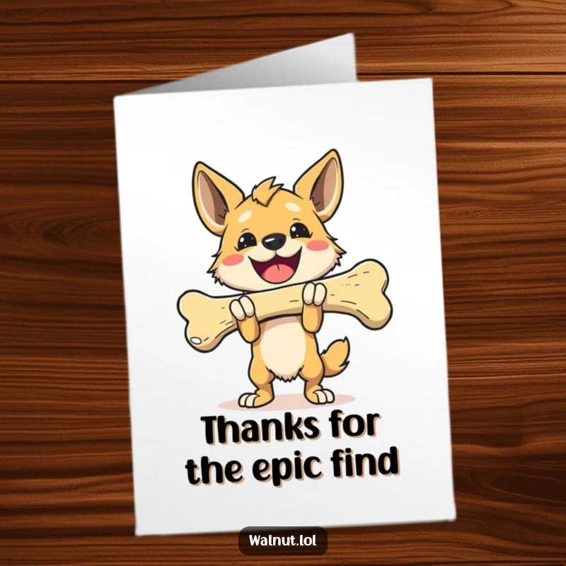 Funny free printable thank you card of a wild dog triumphantly carrying an oversized bone, symbolizing a massive thank you.