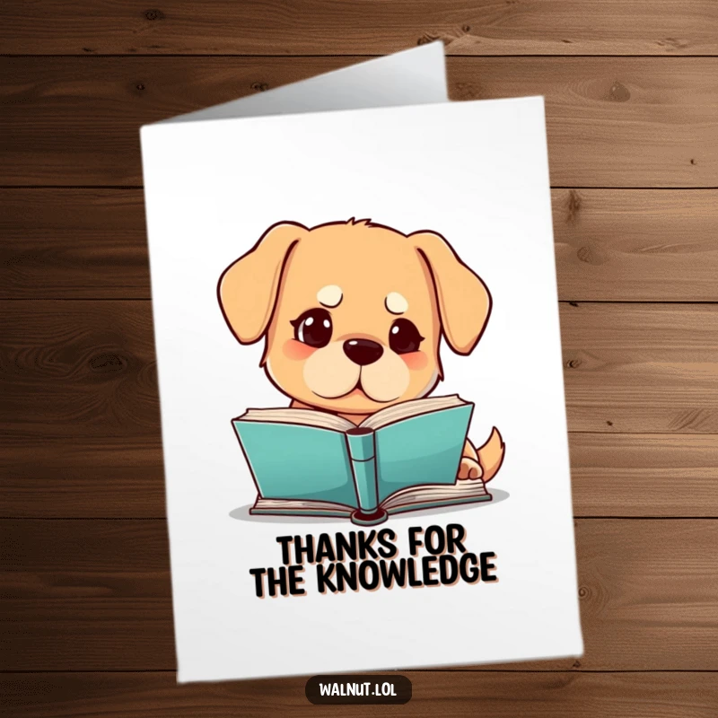 Funny free printable dog thank you card, a dog thoughtfully reading a book, expressing thanks.