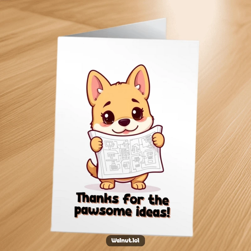 Funny free printable thank you card: a dog thoughtfully examines a complex blueprint, conveying deep appreciation.