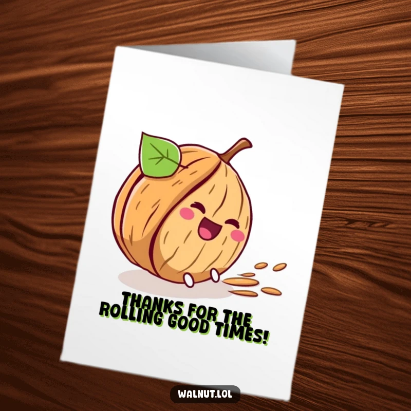 Funny Free Printable Thank You Card: A walnut comically rolls downhill, trailing laughter and gratitude for your kindness.