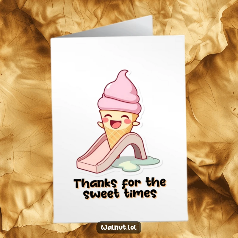 Funny Free Printable Thank You Card: A laughing ice cream cone character humorously melting on a slide, expressing thanks.