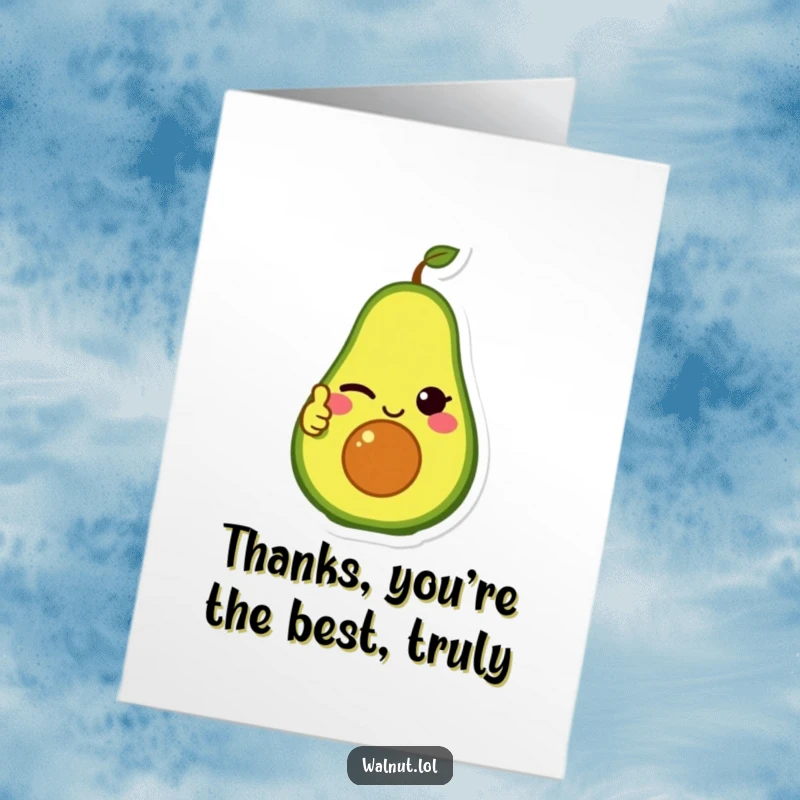 Funny Free Printable Thank You Card depicting a winking avocado character giving a casual thumbs up.