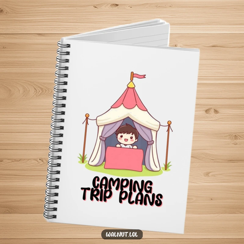 Funny Notebook with a cute character smiling while setting up a colorful tent, ideal for jotting down adventure plans.