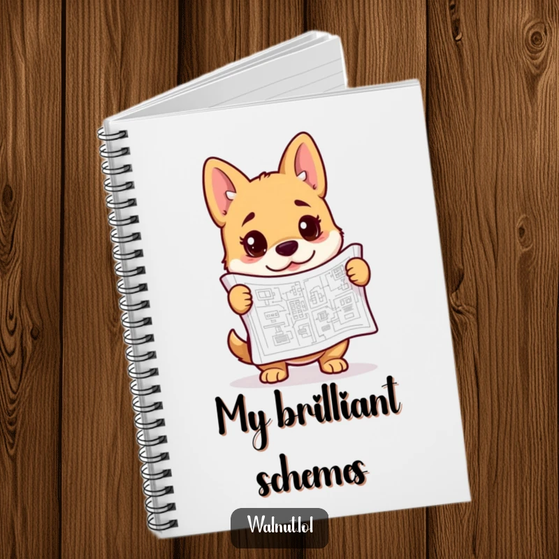 Funny blueprint dog notebook with a curious dog and a complex blueprint, ideal for sketching designs and jotting notes.