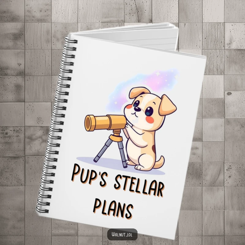 Funny notebook cover with a dog observing a galaxy through a telescope, perfect for jotting down notes and creative ideas.