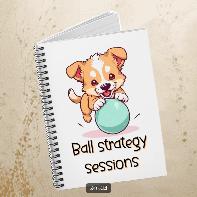 Funny dog notebook cover with a wild dog mid-pounce on a bouncing ball, ideal for jotting notes.