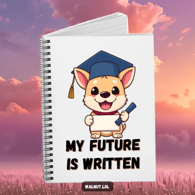Funny Notebook cover showing a dog with a graduation cap, excitedly holding a diploma. Ideal for jotting down future goals and reflections.