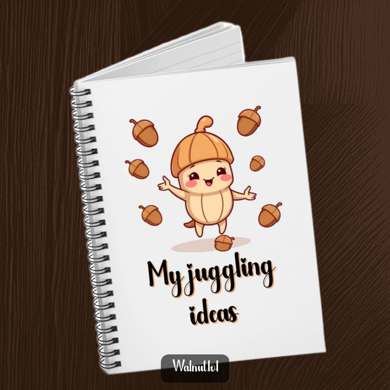 Funny notebook featuring a jaunty walnut character playfully juggling acorns, ideal for note-taking.