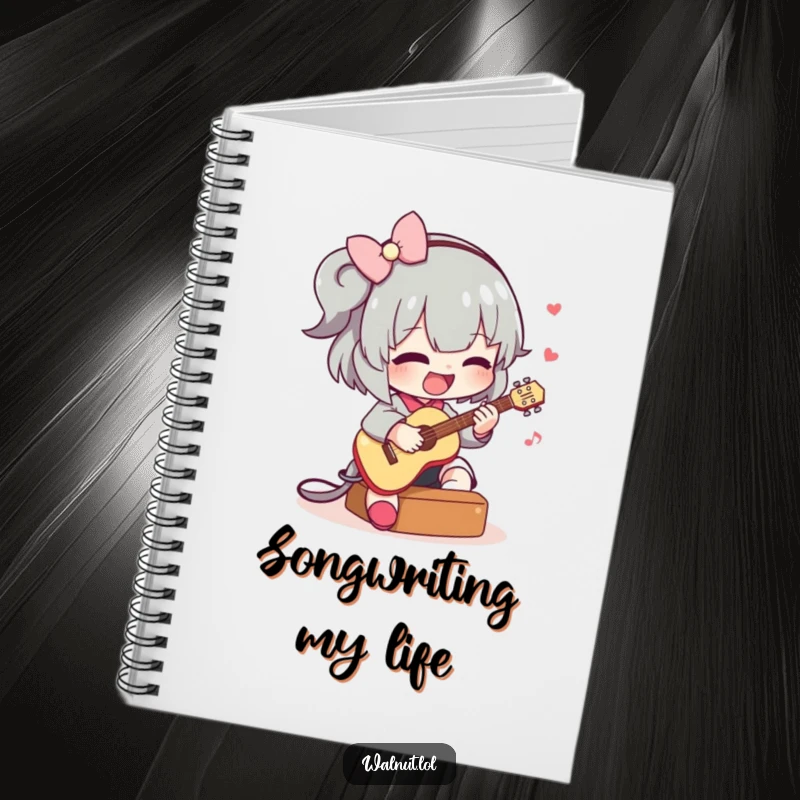 Funny notebook with a cute character playing a small guitar, designed for jotting down notes, lyrics, or doodles with a musical touch.