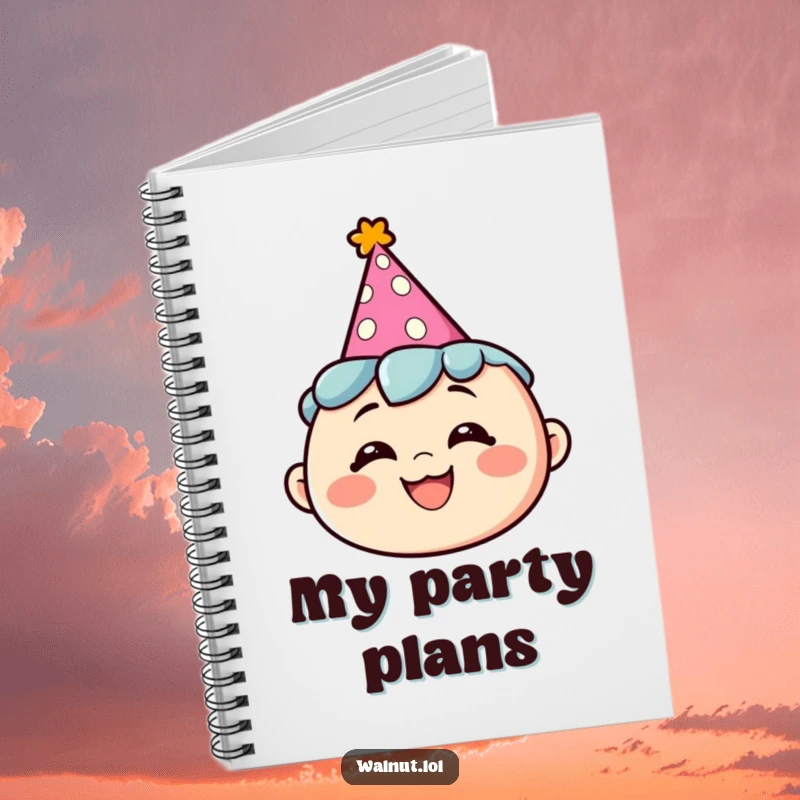 Funny notebook with a character wearing a party hat and a silly grin, perfect for party planning and notes.