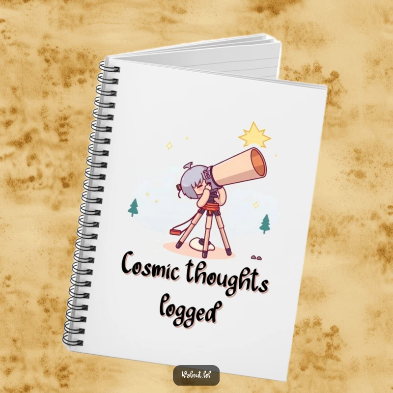 Funny Notebook with a cute character stargazing through a giant telescope, ideal for jotting down observations.