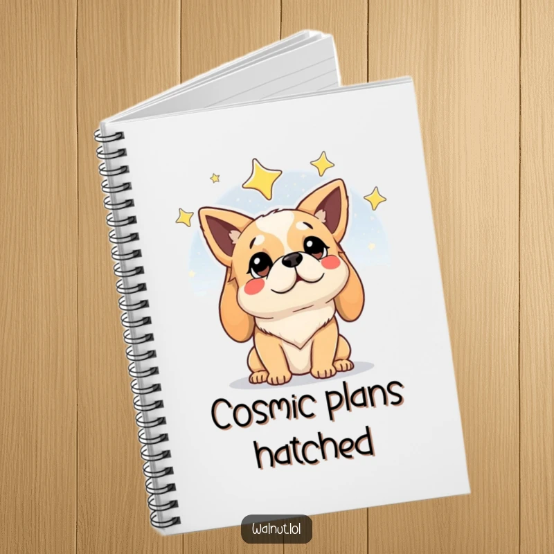 Funny notebook with a dog looking wisely at a starry night sky, ready to capture inspired thoughts and ideas.