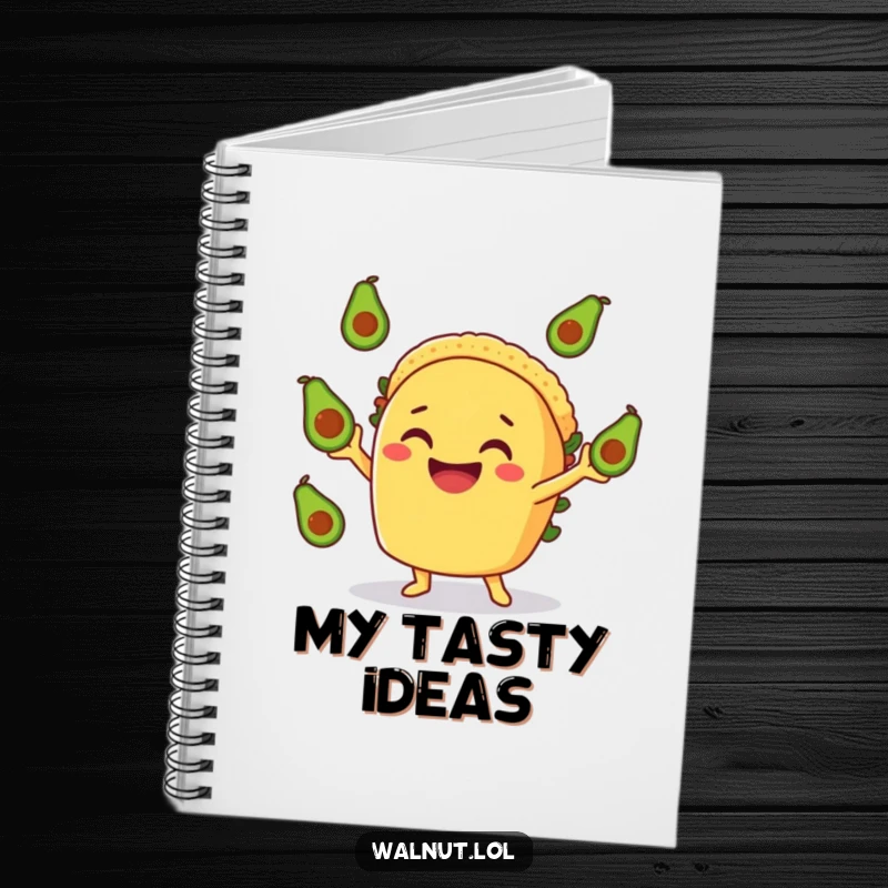 Funny Taco Journal: A cute taco character gleefully juggling avocados, perfect for jotting down ideas with funny, foodie flair.