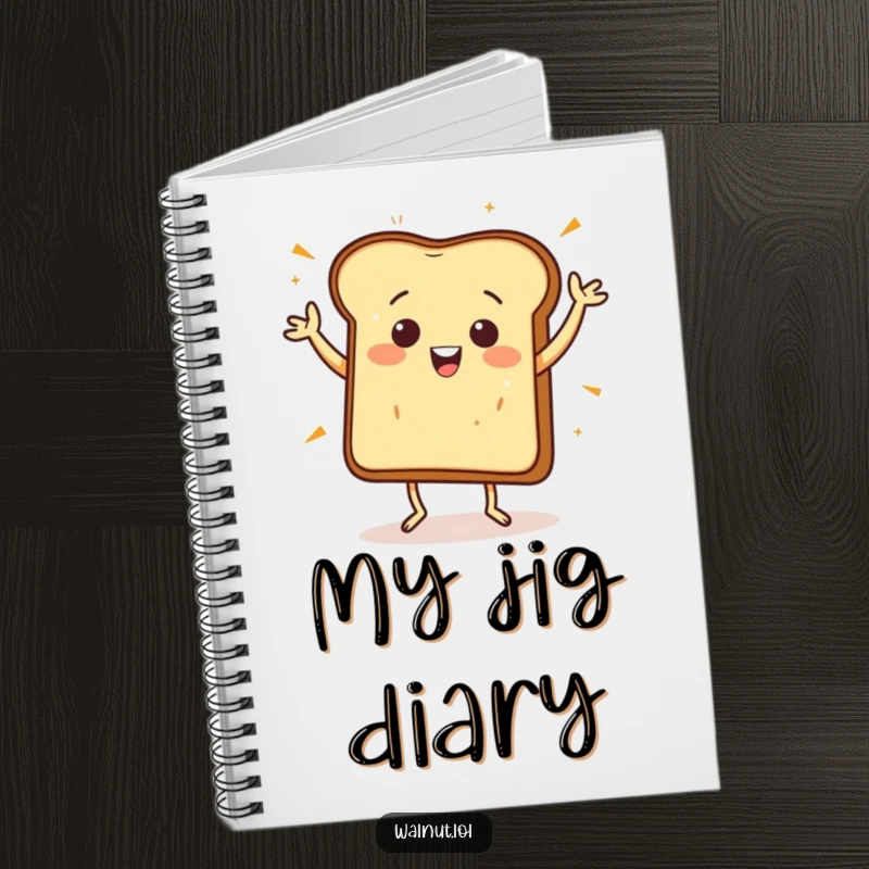 Funny Notebook: A happy piece of toast jigs vibrantly, perfect for noting breakfast ideas or daily plans with humor.