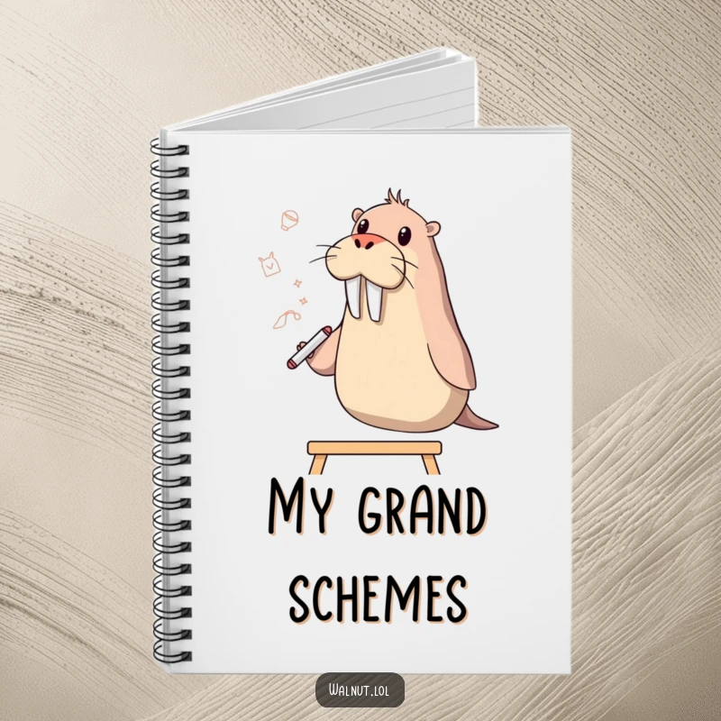 Funny walrus artist character holding a notebook, ready to sketch ideas on a whiteboard in the background.