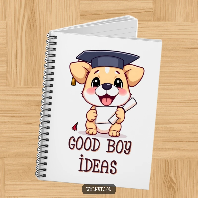 Funny graduation dog notebook with a smart pup holding a diploma, ready for notes and brilliant ideas.