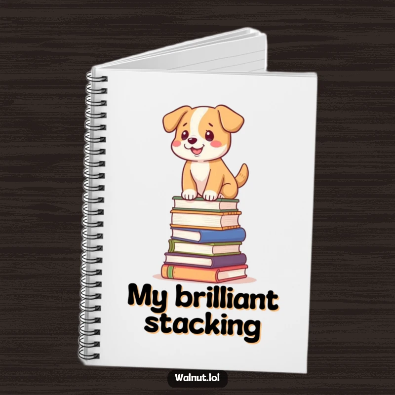 Funny dog notebook with a dog balancing on a tilted stack of books, perfect for writers.