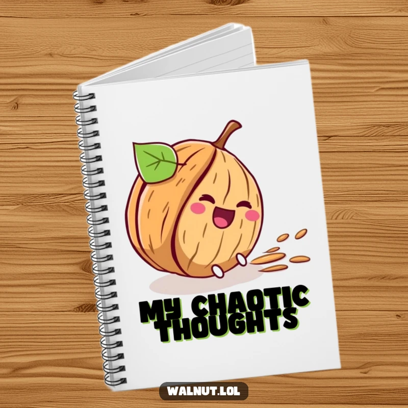 Funny notebook with a walnut character comically rolling downhill, perfect for jotting down spontaneous thoughts.