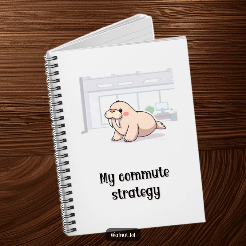 Funny notebook with a walrus sliding across a polished office floor, perfect for jotting down ideas with a humorous office twist.