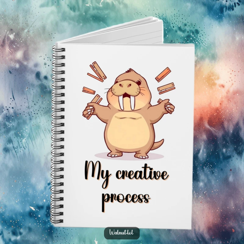 Funny notebook with a walrus juggling staplers, perfect for jotting down ideas with a humorous office-themed twist.