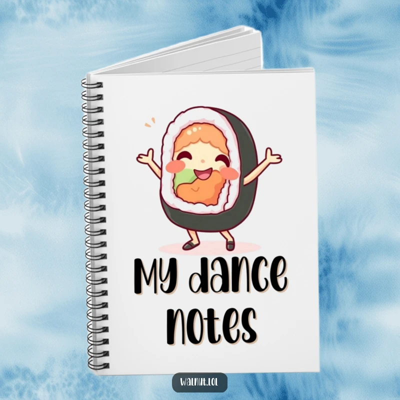 Funny Notebook: A beaming sushi roll character dances vibrantly, perfect for noting culinary ideas or daily plans with humor.