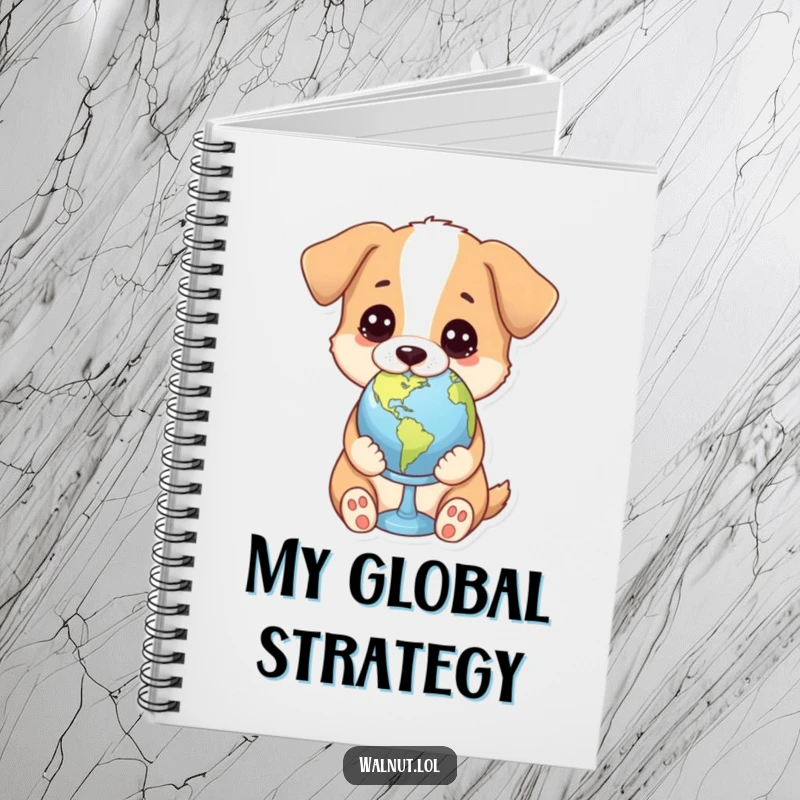 Funny notebook with a dog holding a tiny globe with a thoughtful gaze, ready to record global ideas and plans.