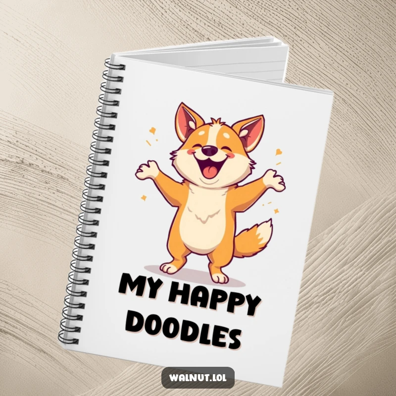 Funny Notebook with a happy dog doing a dance, ideal for recording joyful thoughts and creative ideas.