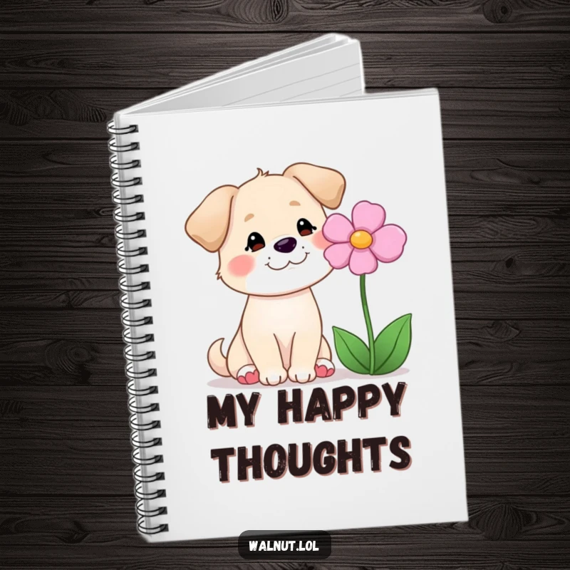 Funny notebook with a dog smiling at a flower, ideal for jotting down thoughts with gentle, heartwarming humor.