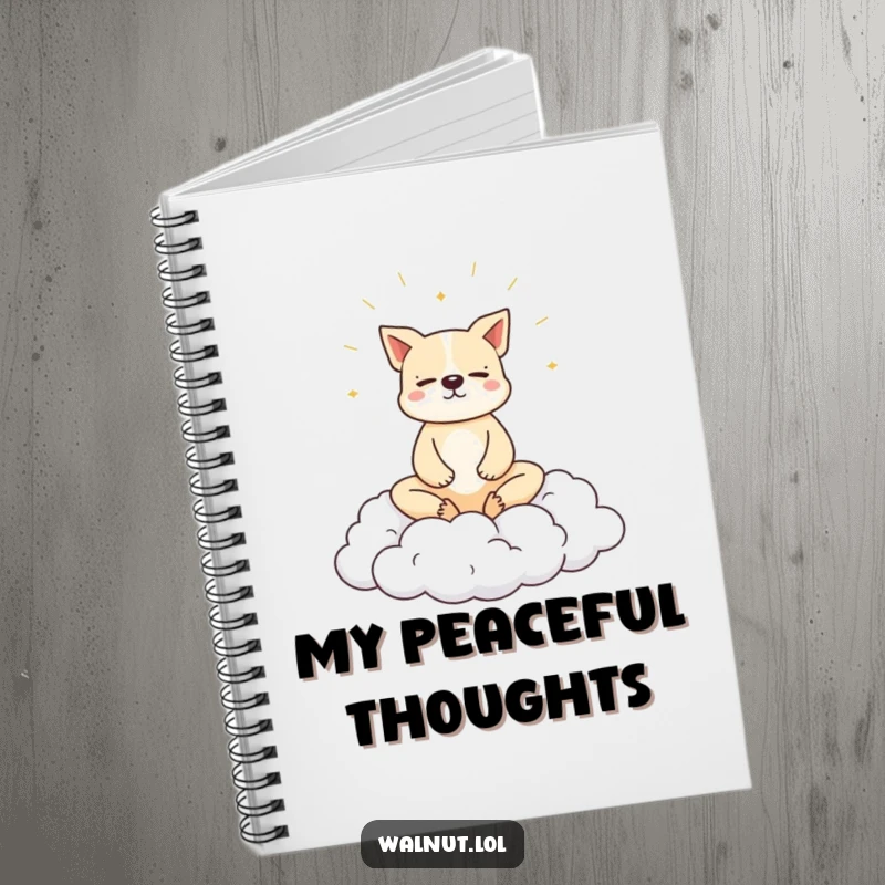 Funny dog notebook with a dog meditating peacefully on a cloud, perfect for journaling.