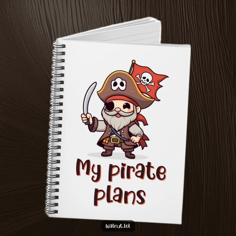 Funny Pirate Notebook with a character happily waving a Jolly Roger flag, perfect for recording adventures and ideas.