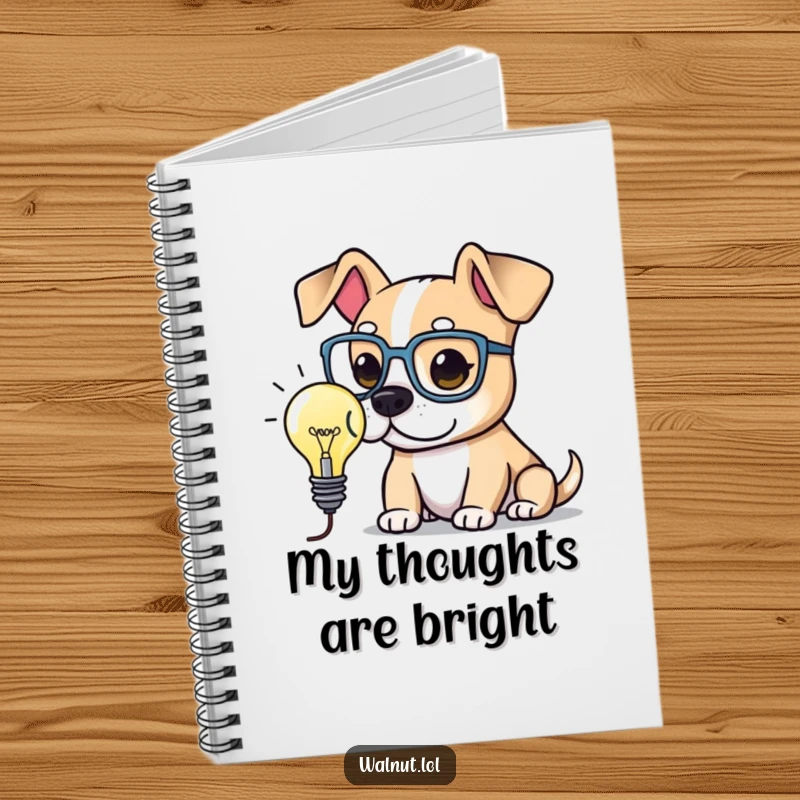 Funny Notebook cover showing a dog wearing large spectacles, pondering a lit lightbulb. Ideal for jotting down brilliant and clever ideas.