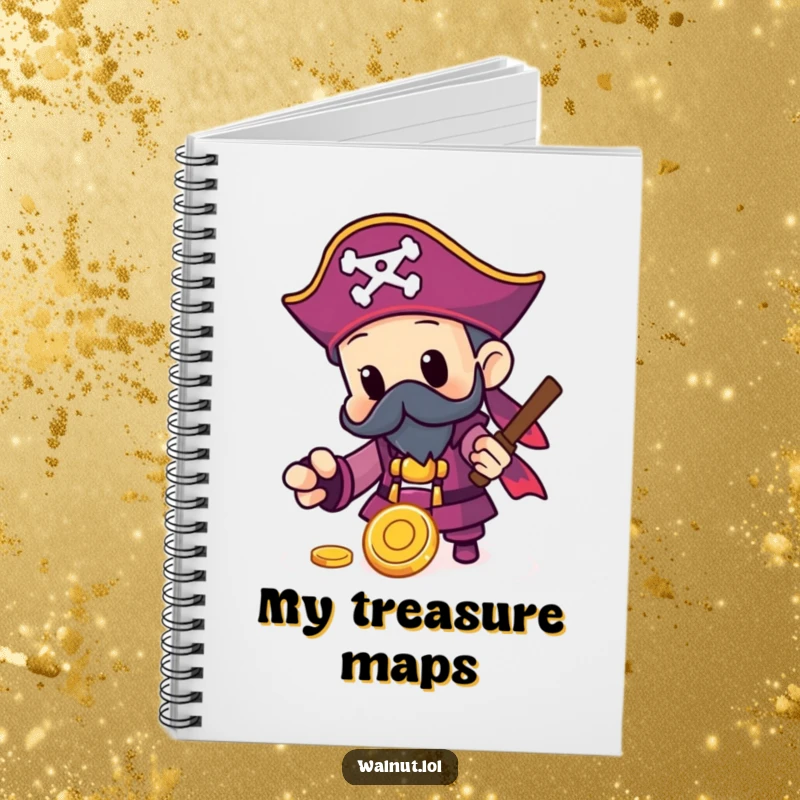 Funny Pirate Notebook with a character finding a shiny gold coin, perfect for recording treasure maps and valuable discoveries.