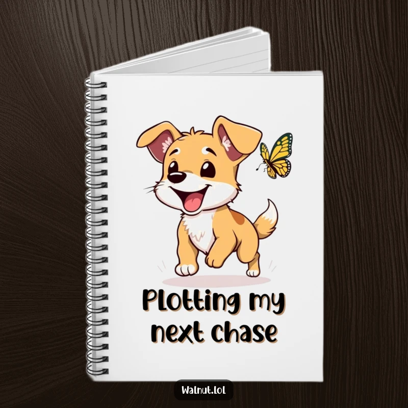 Funny dog notebook cover with a wild dog with floppy ears excitedly chasing a butterfly, perfect for notes.