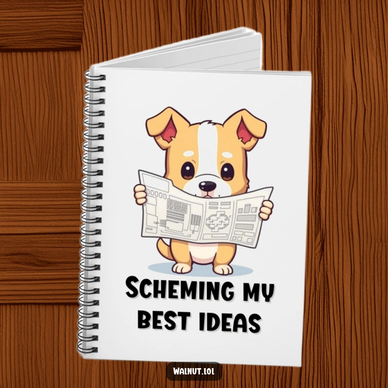 Funny notebook cover with a dog holding a complex blueprint with a curious look, inspiring detailed planning and creative ideas.