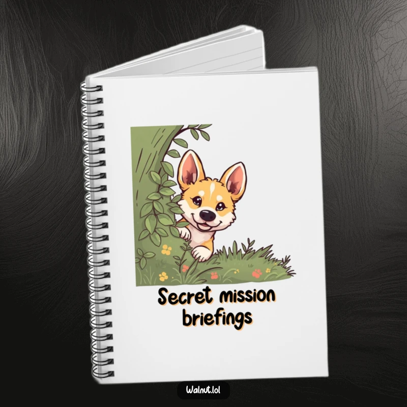 Funny dog notebook cover with a wild dog peeking from behind a bush with curious eyes, ideal for notes.