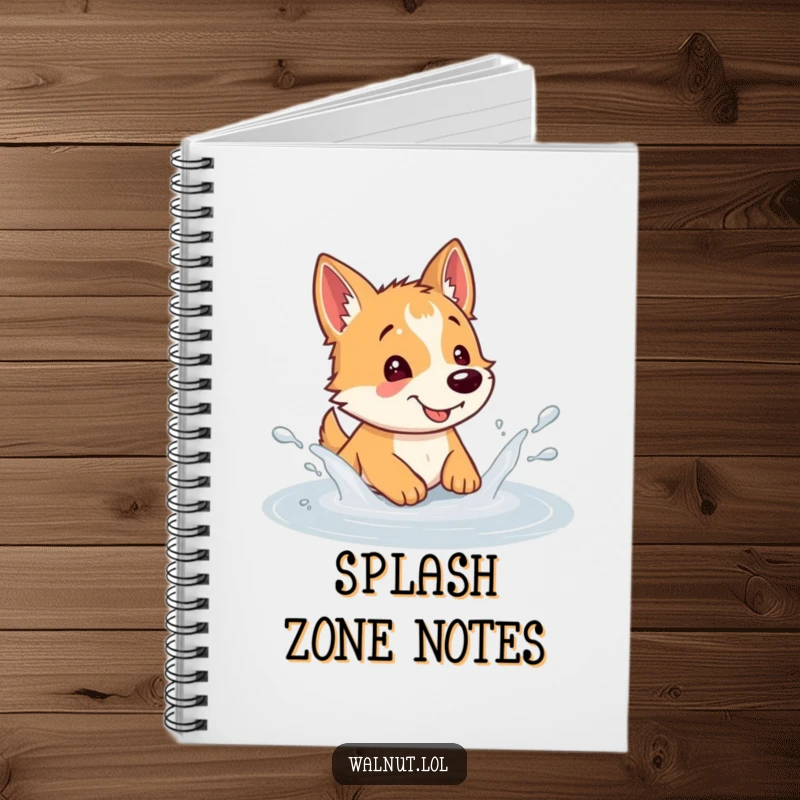 Funny dog notebook with a wild dog splashing in a puddle, inspiring creative thoughts and playful note-taking.