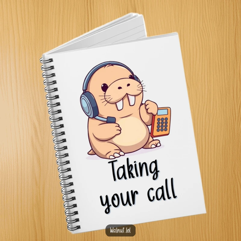 Funny notebook with a walrus wearing a headset and answering a phone, perfect for jotting down ideas with a humorous office-themed twist.