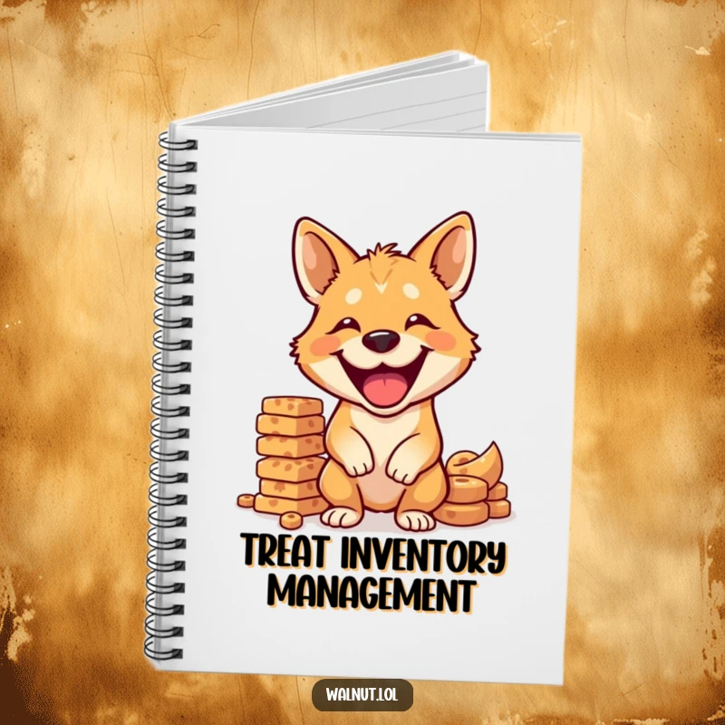 Funny dog notebook cover with a wild dog grinning and balancing a tall stack of treats, ideal for notes.