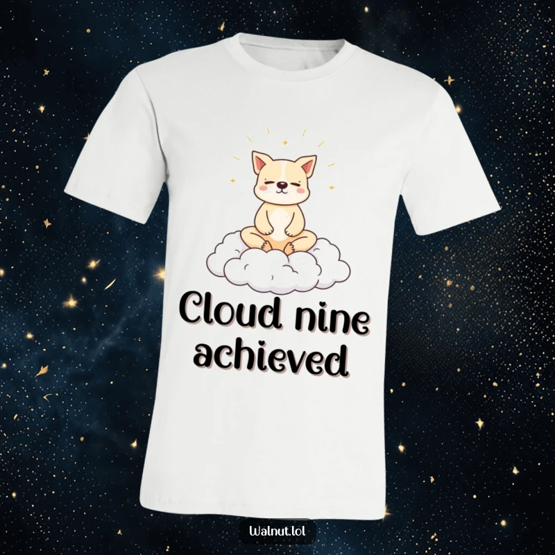 Funny dog t-shirt with a dog meditating peacefully on a cloud, ideal for zen humor.