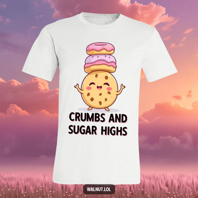 Funny giggling cookie character, balancing donuts on head, sweet treat humor, dessert apparel, happy food tee.