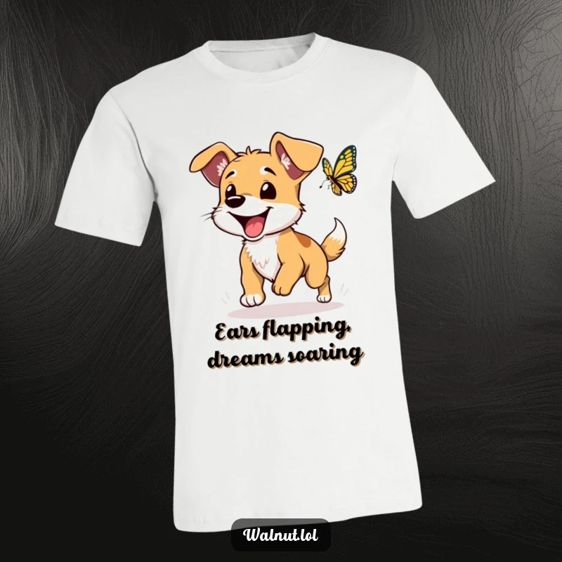 Funny dog t-shirt depicting a goofy wild dog with large floppy ears joyfully pursuing a butterfly in a field.